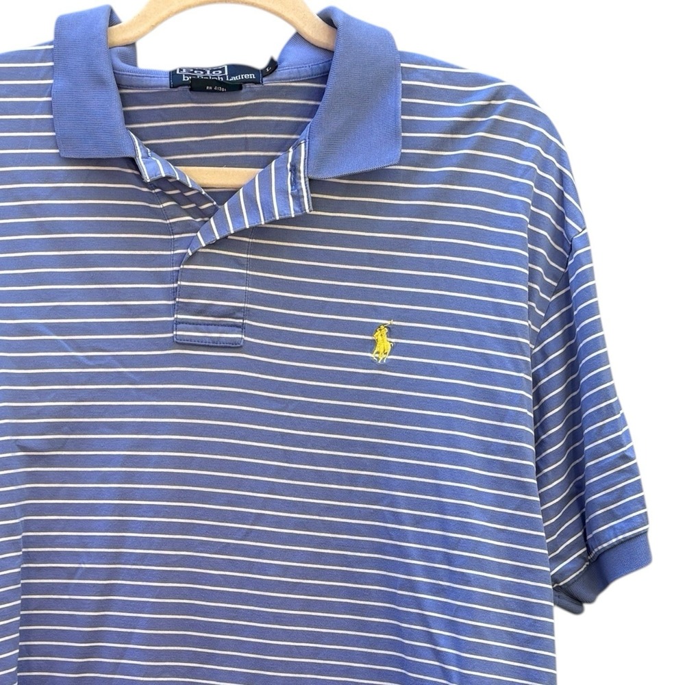 Polo Ralph Lauren Men's Large Blue White Stripe Pima Cotton Polo Shirt‎ Classic